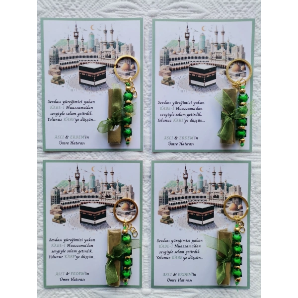 100 Adet Kişiye Özel Tasarım Hac Umre Mevlid Hatırası Dağıtmalık Hediyelik Yeşil Anahtarlık ve Kına