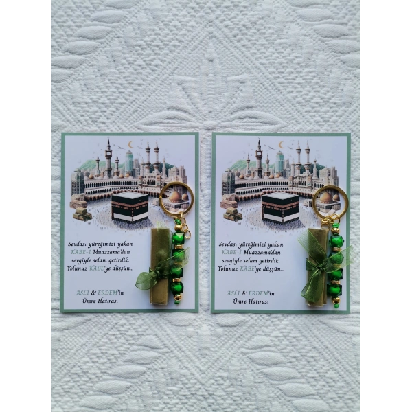100 Adet Kişiye Özel Tasarım Hac Umre Mevlid Hatırası Dağıtmalık Hediyelik Yeşil Anahtarlık ve Kına