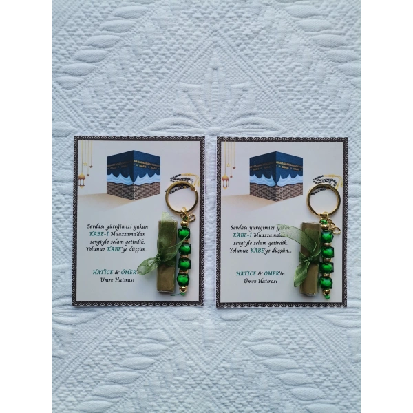100 Adet Kişiye Özel Tasarım Hac Umre Mevlid Hatırası Dağıtmalık Hediyelik Yeşil Anahtarlık ve Kına