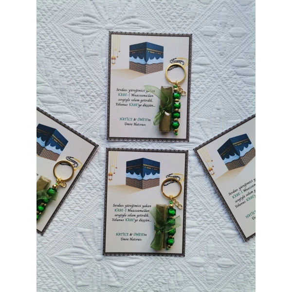 100 Adet Kişiye Özel Tasarım Hac Umre Mevlid Hatırası Dağıtmalık Hediyelik Yeşil Anahtarlık ve Kına