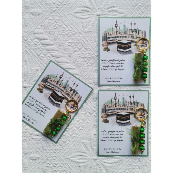100 Adet Kişiye Özel Tasarım Hac Umre Mevlid Hatırası Dağıtmalık Hediyelik Yeşil Anahtarlık ve Kına