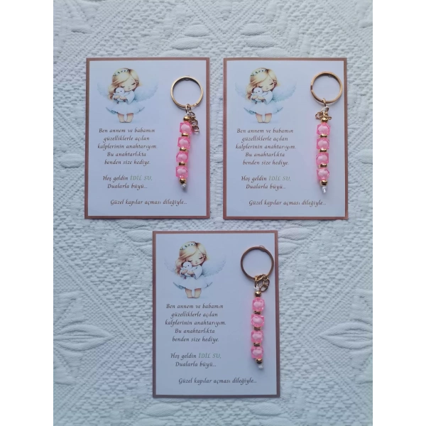 32 Adet İsme Özel Tasarım Pembe Anahtarlık Hastane Yeni Doğan 40 Mevlidi Dağıtmalık Hediyelik