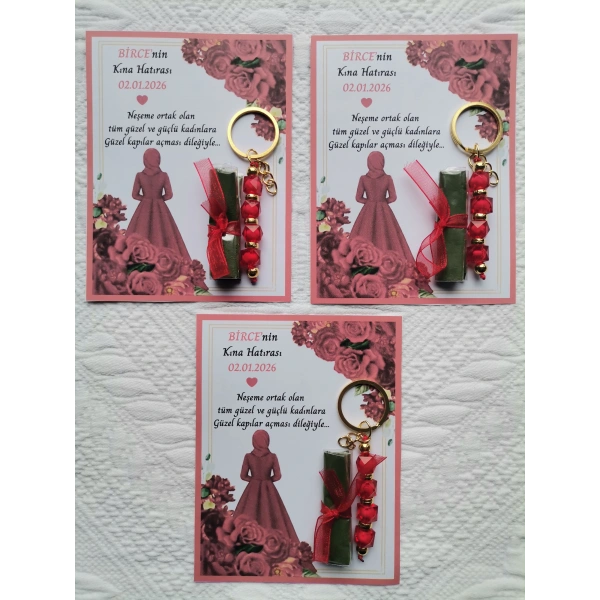 100 Adet Kişiye Özel Tesettürlü Model Kına Hatırası Hediyelik Kırmızı Anahtarlık ve Paketlenmiş Kına