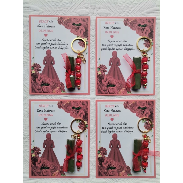 100 Adet Kişiye Özel Tesettürlü Model Kına Hatırası Hediyelik Kırmızı Anahtarlık ve Paketlenmiş Kına