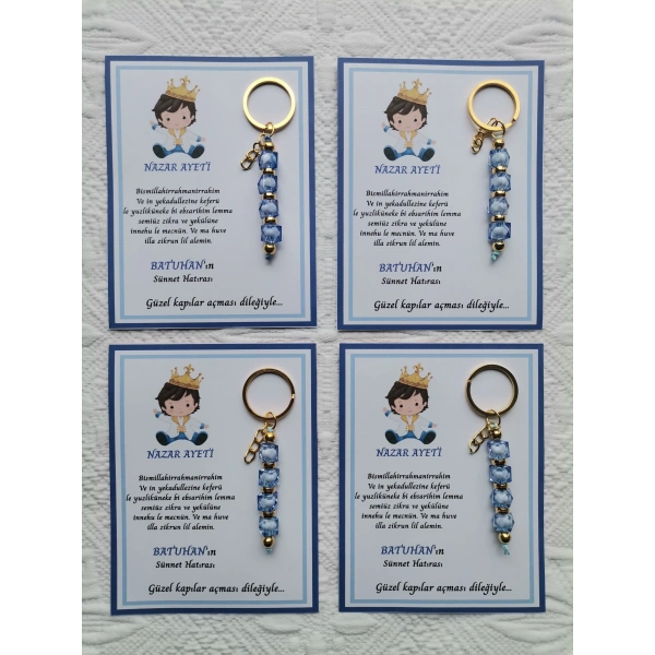 100 Adet Küçük Prens Kişiye Özel Nazar Ayeti Sünnet Hatırası Dağıtmalık Mavi Anahtarlık Hediyelik
