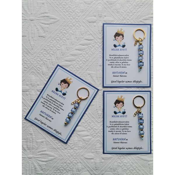 100 Adet Küçük Prens Kişiye Özel Nazar Ayeti Sünnet Hatırası Dağıtmalık Mavi Anahtarlık Hediyelik