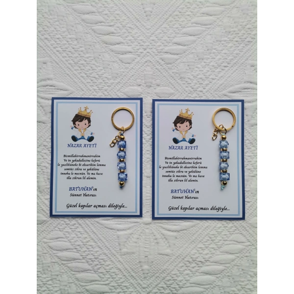100 Adet Küçük Prens Kişiye Özel Nazar Ayeti Sünnet Hatırası Dağıtmalık Mavi Anahtarlık Hediyelik