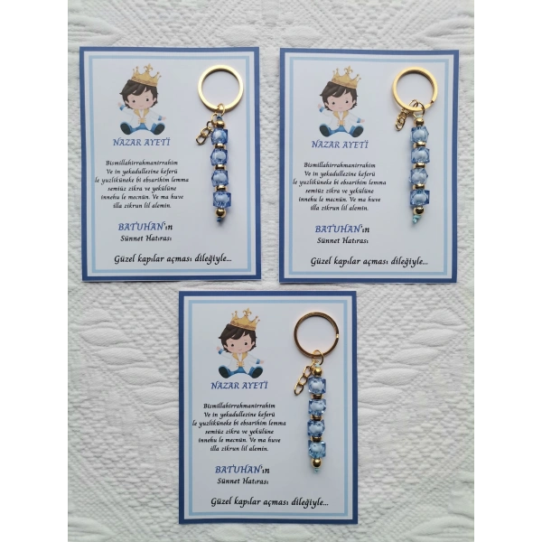 100 Adet Küçük Prens Kişiye Özel Nazar Ayeti Sünnet Hatırası Dağıtmalık Mavi Anahtarlık Hediyelik