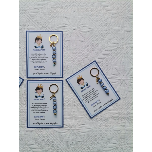 100 Adet Küçük Prens Kişiye Özel Nazar Ayeti Sünnet Hatırası Dağıtmalık Mavi Anahtarlık Hediyelik