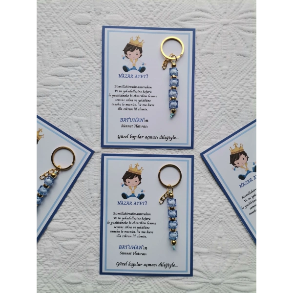 100 Adet Küçük Prens Kişiye Özel Nazar Ayeti Sünnet Hatırası Dağıtmalık Mavi Anahtarlık Hediyelik