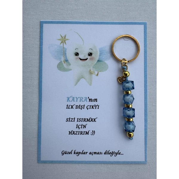 100 Adet Mavi Renk İsme Özel İlk Dişim Çıktı Diş Partisi Diş Buğdayı Hatırası Hediyelik Anahtarlık