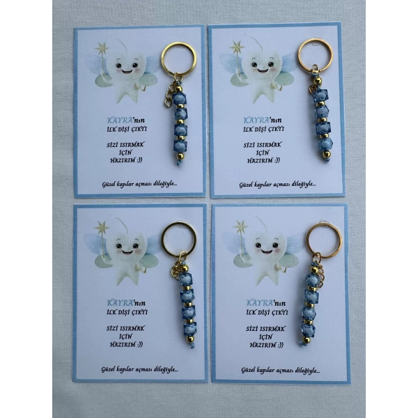 100 Adet Mavi Renk İsme Özel İlk Dişim Çıktı Diş Partisi Diş Buğdayı Hatırası Hediyelik Anahtarlık