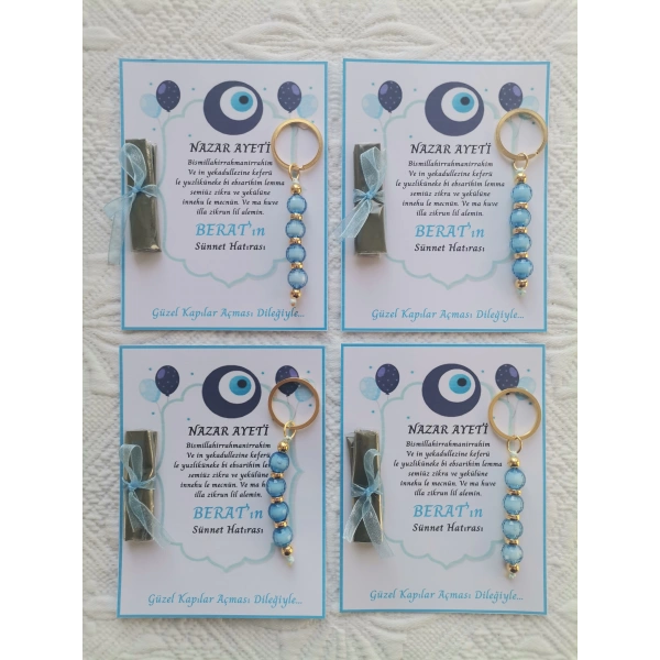 72 Adet Nazar Ayeti Mavi Anahtarlık ve Paketlenmiş Kına Sünnet Hatırası Dağıtmalık Hediyelik