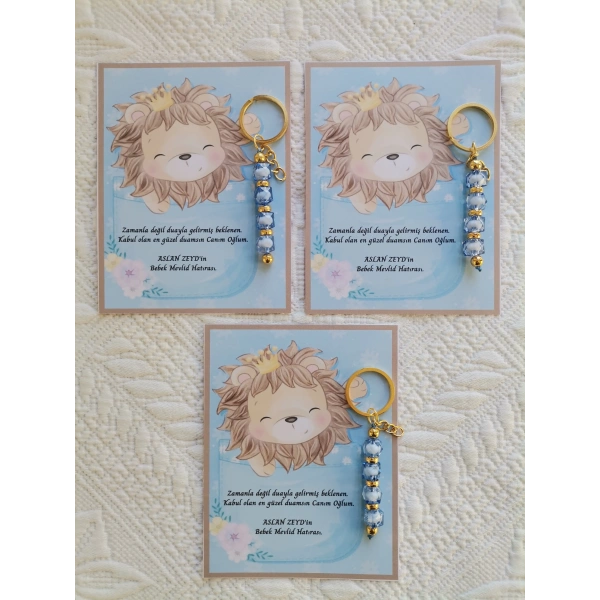 100 Adet Özel Tasarım Aslan ve Mavi Anahtarlık Hastane Yeni Doğan 40 Mevlidi Dağıtmalık Hediyelik
