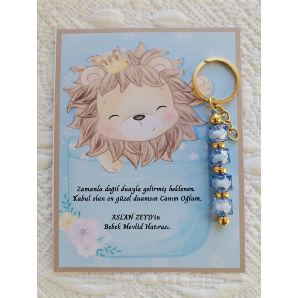 100 Adet Özel Tasarım Aslan ve Mavi Anahtarlık Hastane Yeni Doğan 40 Mevlidi Dağıtmalık Hediyelik