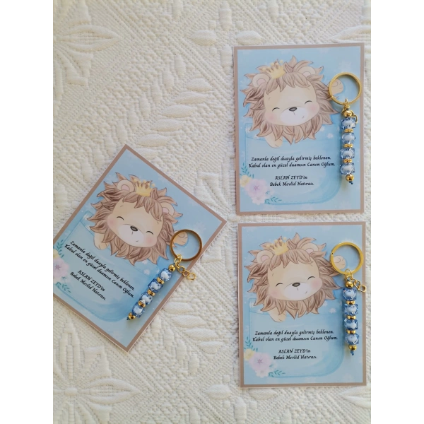 100 Adet Özel Tasarım Aslan ve Mavi Anahtarlık Hastane Yeni Doğan 40 Mevlidi Dağıtmalık Hediyelik