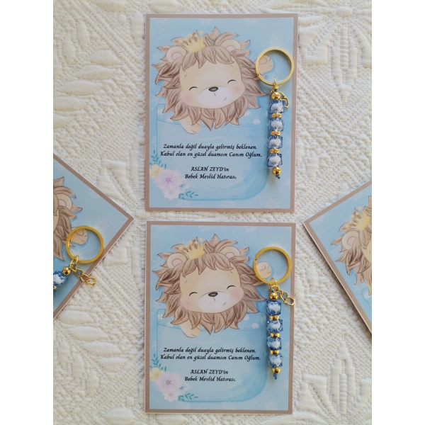 100 Adet Özel Tasarım Aslan ve Mavi Anahtarlık Hastane Yeni Doğan 40 Mevlidi Dağıtmalık Hediyelik