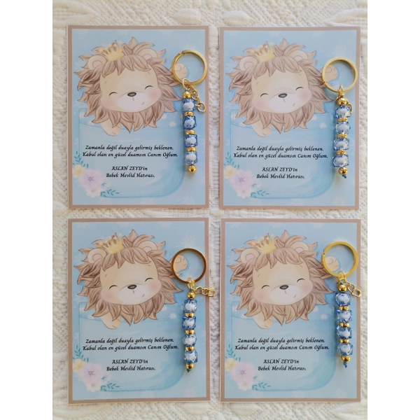 100 Adet Özel Tasarım Aslan ve Mavi Anahtarlık Hastane Yeni Doğan 40 Mevlidi Dağıtmalık Hediyelik