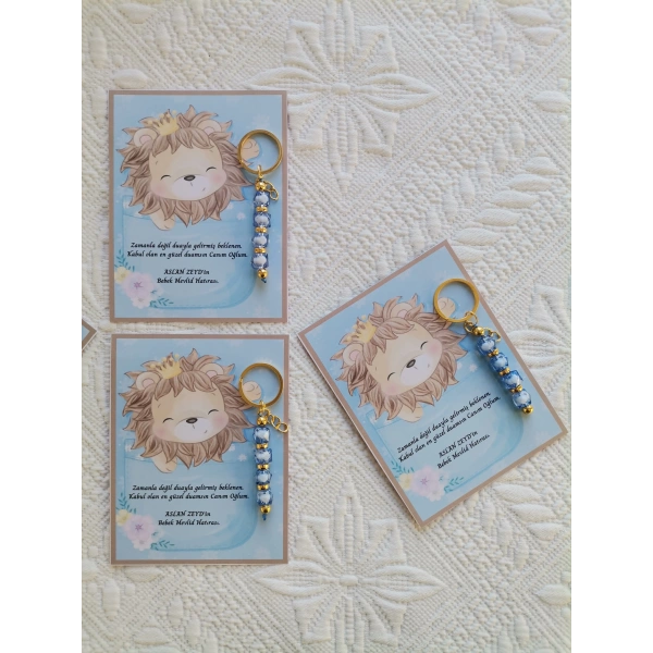 100 Adet Özel Tasarım Aslan ve Mavi Anahtarlık Hastane Yeni Doğan 40 Mevlidi Dağıtmalık Hediyelik