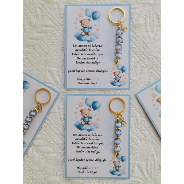 100 Adet Özel Tasarım Ayıcık ve Mavi Anahtarlık Hastane Yeni Doğan 40 Mevlidi Dağıtmalık Hediyelik