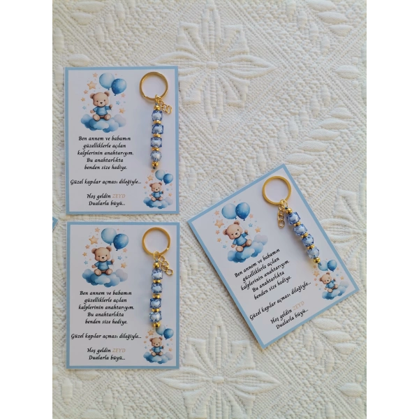 100 Adet Özel Tasarım Ayıcık ve Mavi Anahtarlık Hastane Yeni Doğan 40 Mevlidi Dağıtmalık Hediyelik