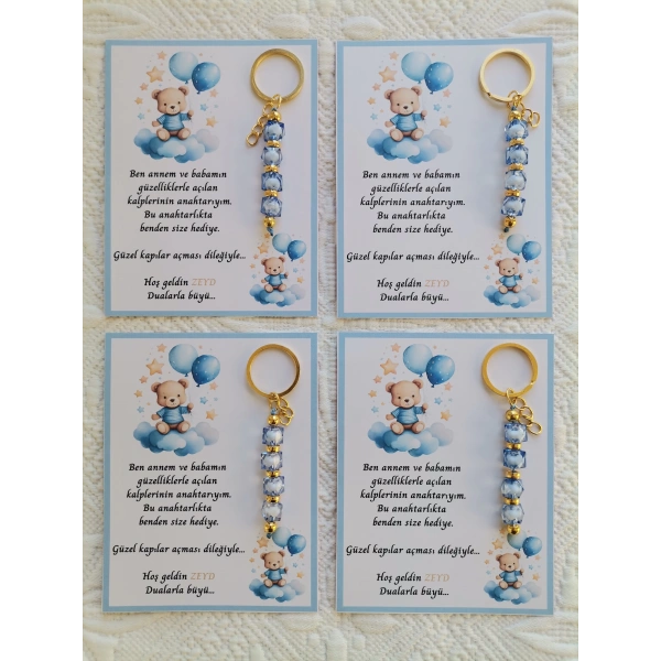 100 Adet Özel Tasarım Ayıcık ve Mavi Anahtarlık Hastane Yeni Doğan 40 Mevlidi Dağıtmalık Hediyelik