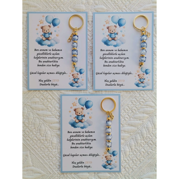 100 Adet Özel Tasarım Ayıcık ve Mavi Anahtarlık Hastane Yeni Doğan 40 Mevlidi Dağıtmalık Hediyelik