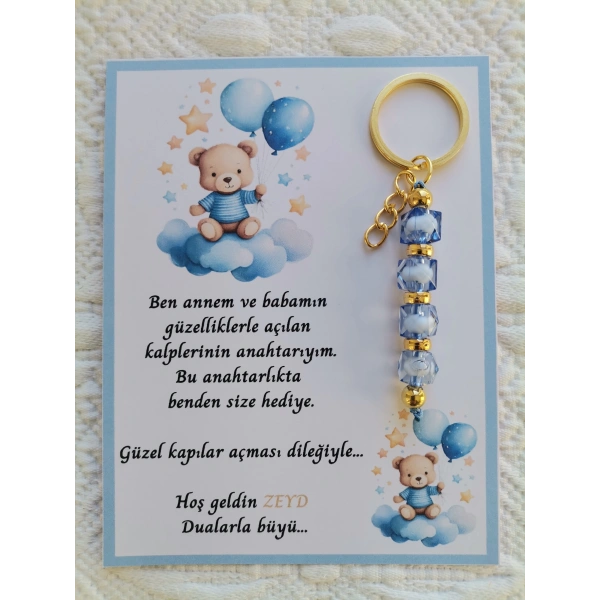 100 Adet Özel Tasarım Ayıcık ve Mavi Anahtarlık Hastane Yeni Doğan 40 Mevlidi Dağıtmalık Hediyelik