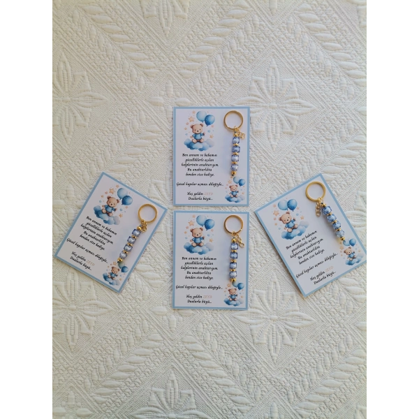 100 Adet Özel Tasarım Ayıcık ve Mavi Anahtarlık Hastane Yeni Doğan 40 Mevlidi Dağıtmalık Hediyelik