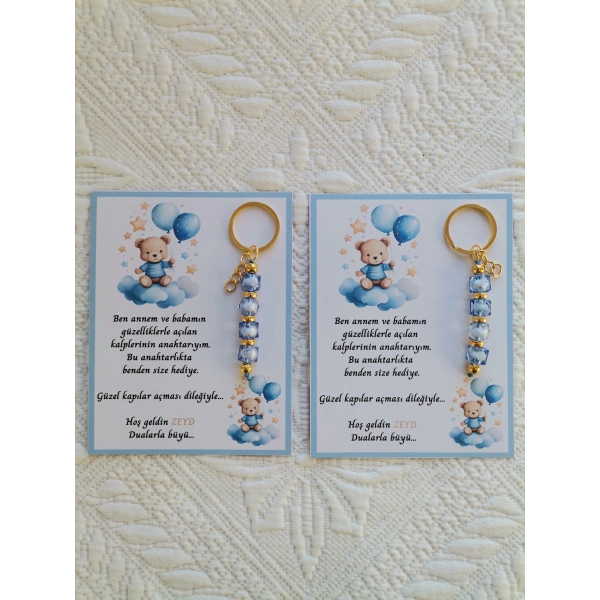 100 Adet Özel Tasarım Ayıcık ve Mavi Anahtarlık Hastane Yeni Doğan 40 Mevlidi Dağıtmalık Hediyelik