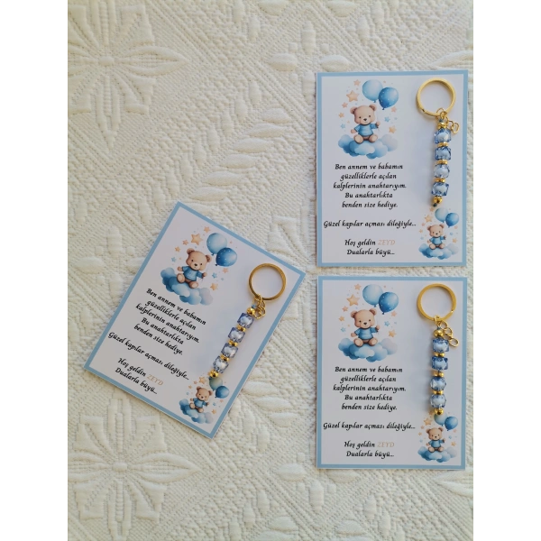 100 Adet Özel Tasarım Ayıcık ve Mavi Anahtarlık Hastane Yeni Doğan 40 Mevlidi Dağıtmalık Hediyelik