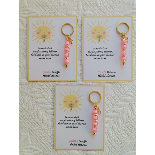 48 Adet Özel Tasarım Güneş ve Pembe Anahtarlık Hastane Yeni Doğan 40 Mevlidi Dağıtmalık Hediyelik