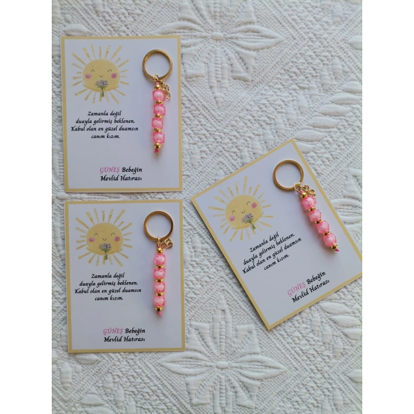 48 Adet Özel Tasarım Güneş ve Pembe Anahtarlık Hastane Yeni Doğan 40 Mevlidi Dağıtmalık Hediyelik