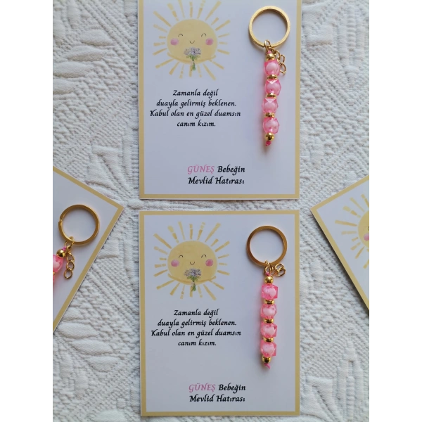 48 Adet Özel Tasarım Güneş ve Pembe Anahtarlık Hastane Yeni Doğan 40 Mevlidi Dağıtmalık Hediyelik