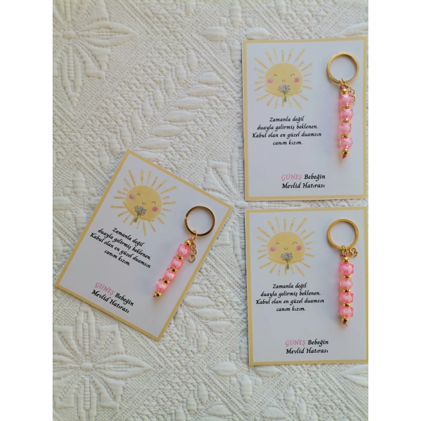 48 Adet Özel Tasarım Güneş ve Pembe Anahtarlık Hastane Yeni Doğan 40 Mevlidi Dağıtmalık Hediyelik