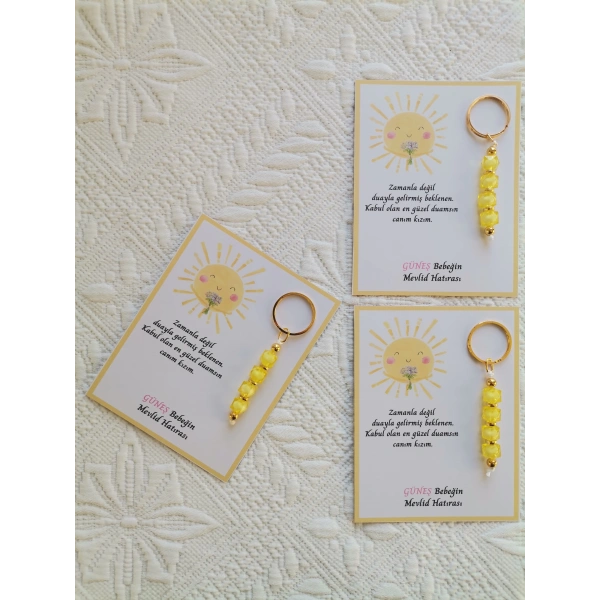 100 Adet Özel Tasarım Güneş ve Sarı Anahtarlık Hastane Yeni Doğan 40 Mevlidi Dağıtmalık Hediyelik