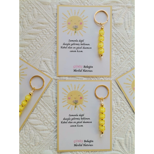 100 Adet Özel Tasarım Güneş ve Sarı Anahtarlık Hastane Yeni Doğan 40 Mevlidi Dağıtmalık Hediyelik