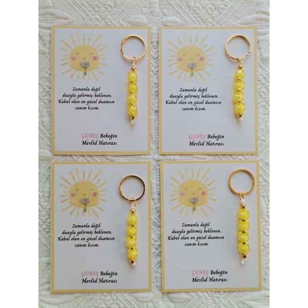 100 Adet Özel Tasarım Güneş ve Sarı Anahtarlık Hastane Yeni Doğan 40 Mevlidi Dağıtmalık Hediyelik