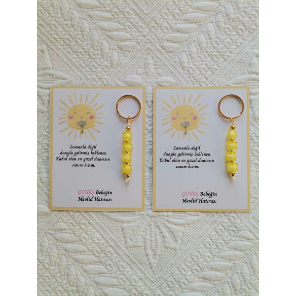 100 Adet Özel Tasarım Güneş ve Sarı Anahtarlık Hastane Yeni Doğan 40 Mevlidi Dağıtmalık Hediyelik