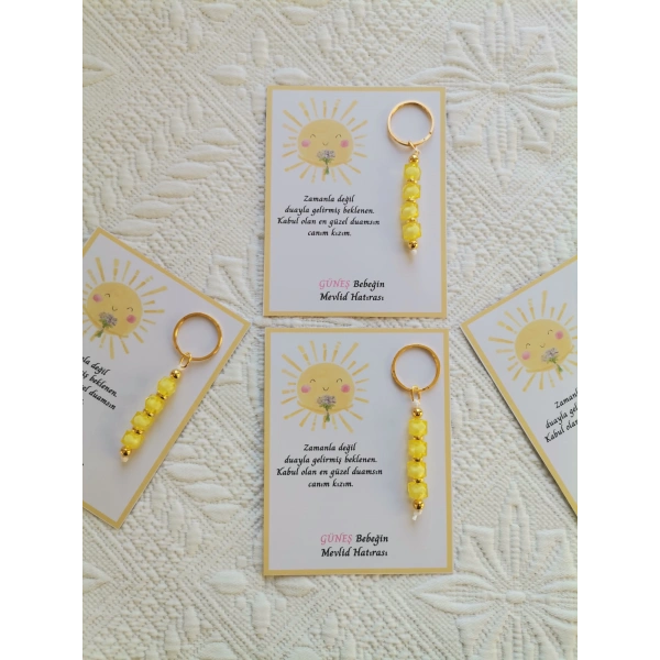 100 Adet Özel Tasarım Güneş ve Sarı Anahtarlık Hastane Yeni Doğan 40 Mevlidi Dağıtmalık Hediyelik