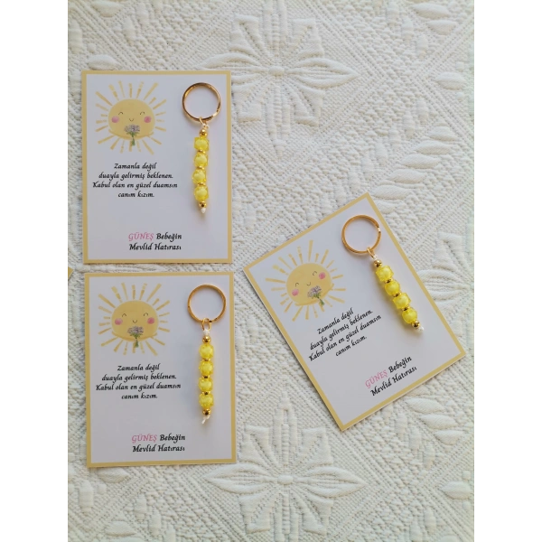 100 Adet Özel Tasarım Güneş ve Sarı Anahtarlık Hastane Yeni Doğan 40 Mevlidi Dağıtmalık Hediyelik