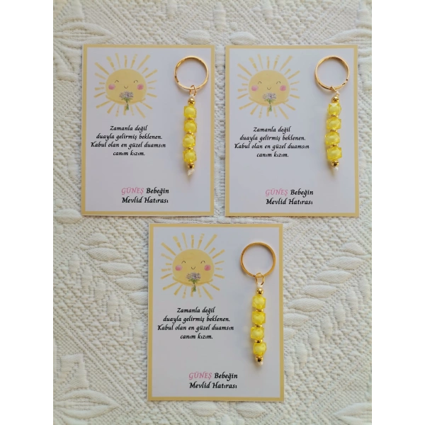 100 Adet Özel Tasarım Güneş ve Sarı Anahtarlık Hastane Yeni Doğan 40 Mevlidi Dağıtmalık Hediyelik