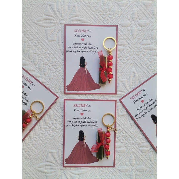 48 Adet Özel Tasarım Kına Hatırası Dağıtmalık Hediyelik Kırmızı Anahtarlık ve Paketlenmiş Kına