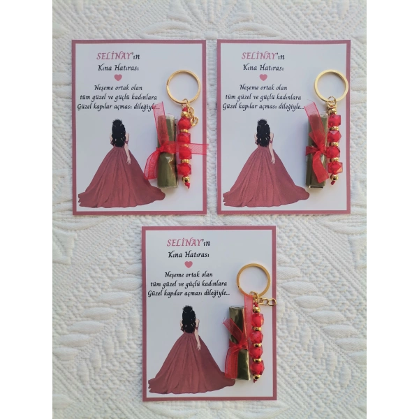 48 Adet Özel Tasarım Kına Hatırası Dağıtmalık Hediyelik Kırmızı Anahtarlık ve Paketlenmiş Kına