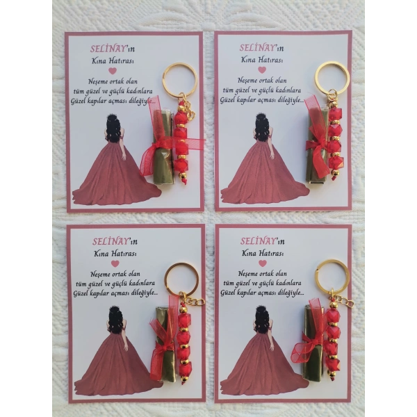 48 Adet Özel Tasarım Kına Hatırası Dağıtmalık Hediyelik Kırmızı Anahtarlık ve Paketlenmiş Kına