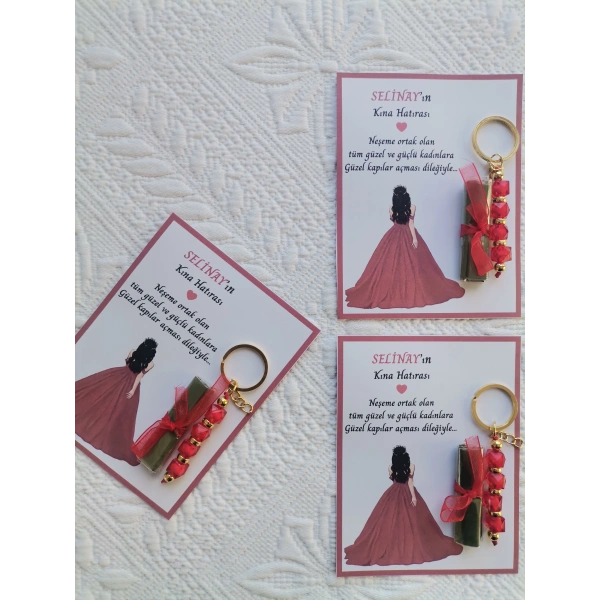 48 Adet Özel Tasarım Kına Hatırası Dağıtmalık Hediyelik Kırmızı Anahtarlık ve Paketlenmiş Kına