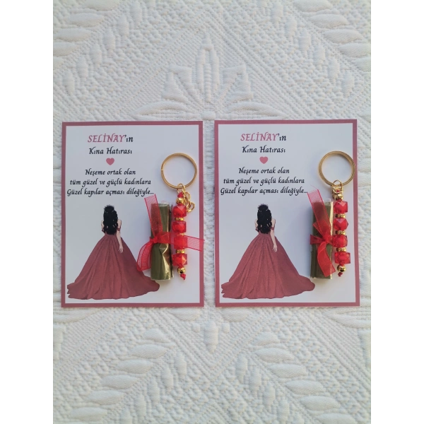 48 Adet Özel Tasarım Kına Hatırası Dağıtmalık Hediyelik Kırmızı Anahtarlık ve Paketlenmiş Kına