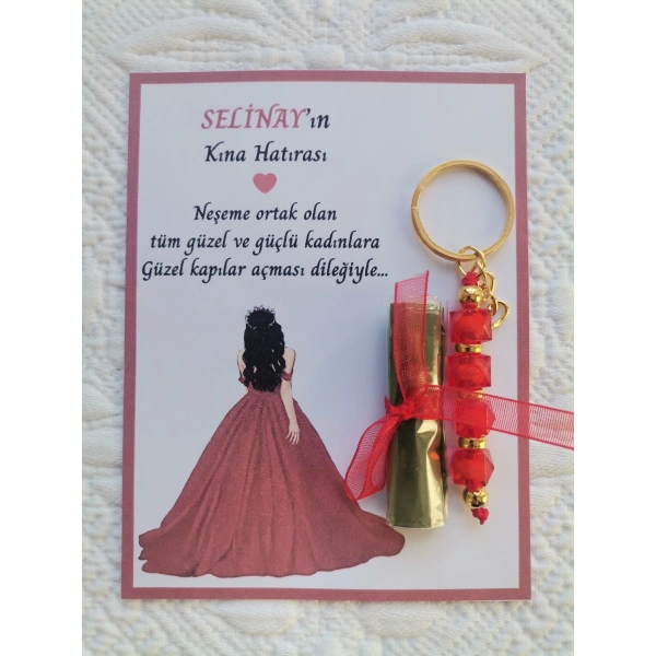 48 Adet Özel Tasarım Kına Hatırası Dağıtmalık Hediyelik Kırmızı Anahtarlık ve Paketlenmiş Kına
