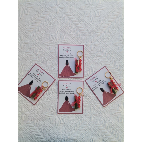 48 Adet Özel Tasarım Kına Hatırası Dağıtmalık Hediyelik Kırmızı Anahtarlık ve Paketlenmiş Kına