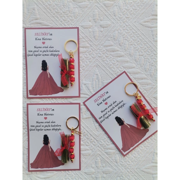 48 Adet Özel Tasarım Kına Hatırası Dağıtmalık Hediyelik Kırmızı Anahtarlık ve Paketlenmiş Kına